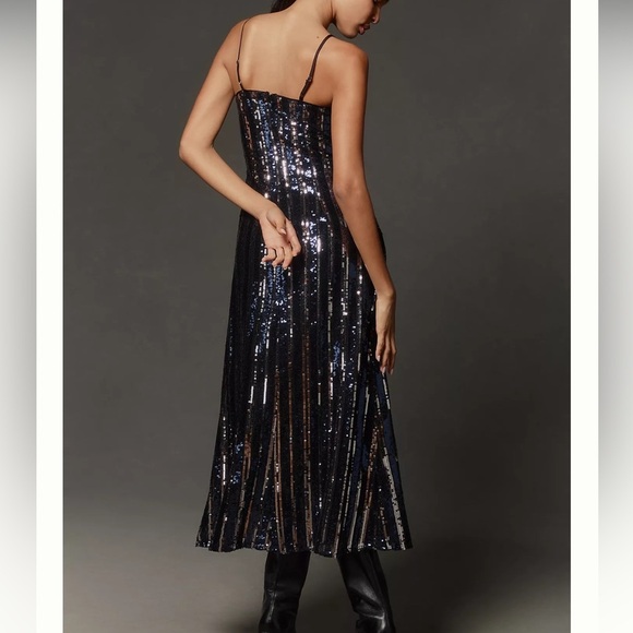 NWT Maeve Sequin Midi Slip Dress Vertical Stripe Navy Silver Black Size Medium - Picture 2 of 12